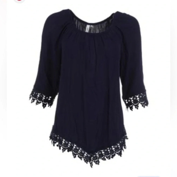 NWT Linda Leal Crew Neck Black Lace Details Top Blouse Shirt Short Sleeve Size M - Picture 1 of 8
